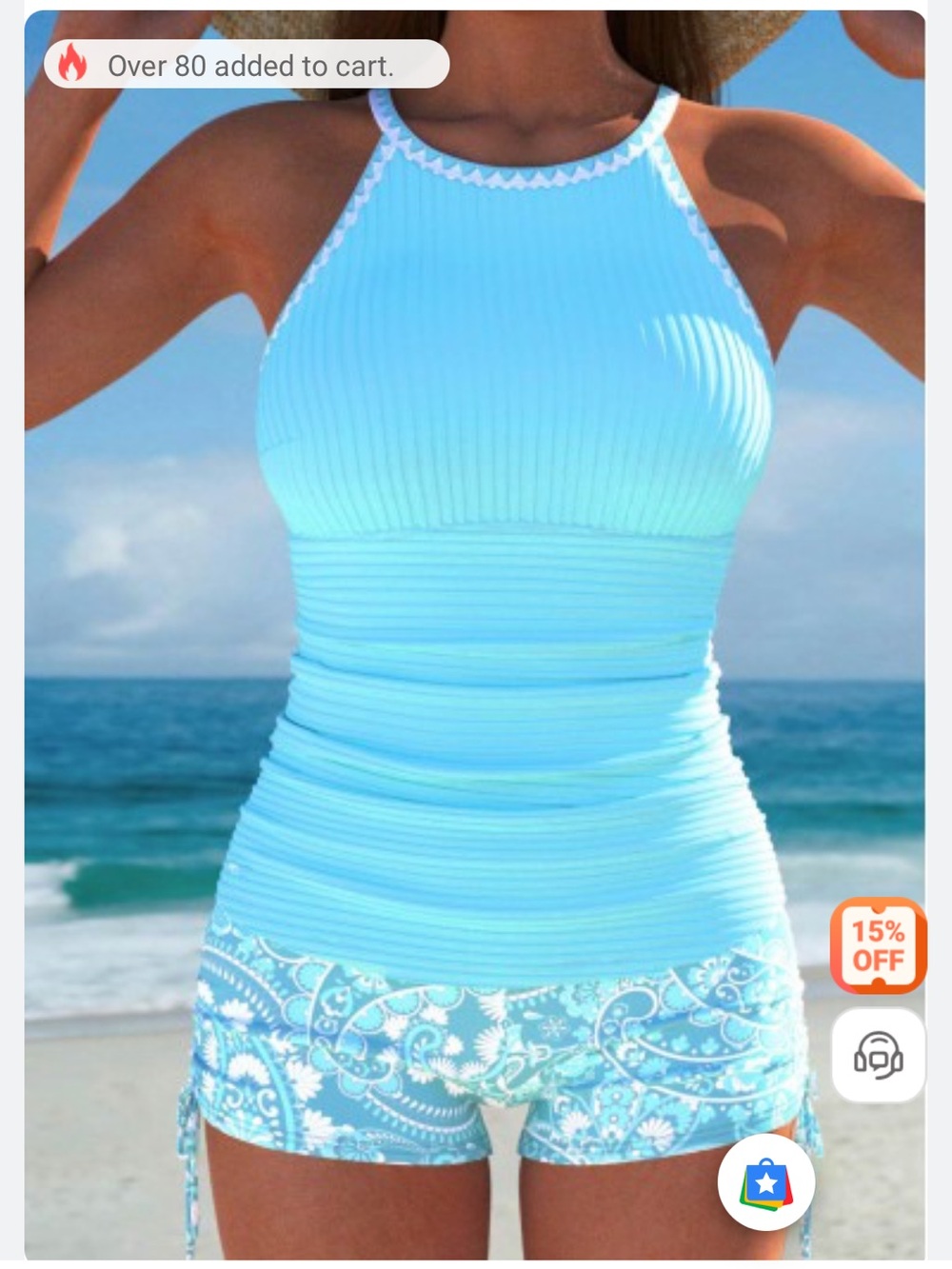 Light Blue High-Neck Ribbed Tankini with Paisley Shorts 
New never worn